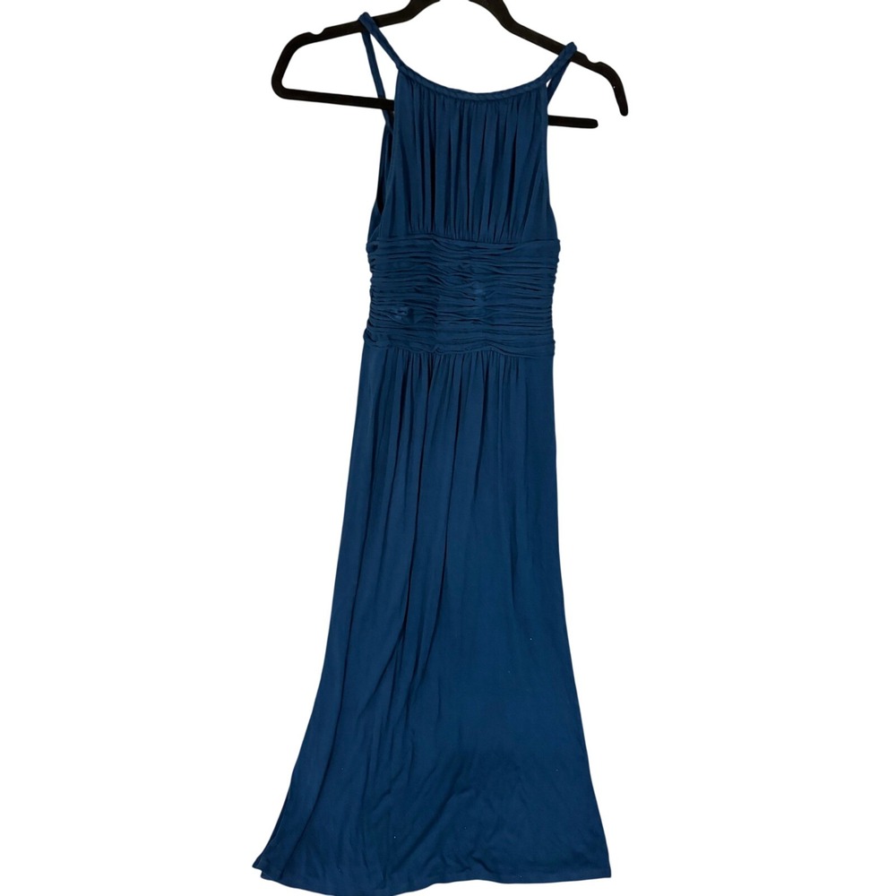 Max Studio Maxi Dress Womens XS‎ Teal Blue Braided Neckline Ruched Sleeveless